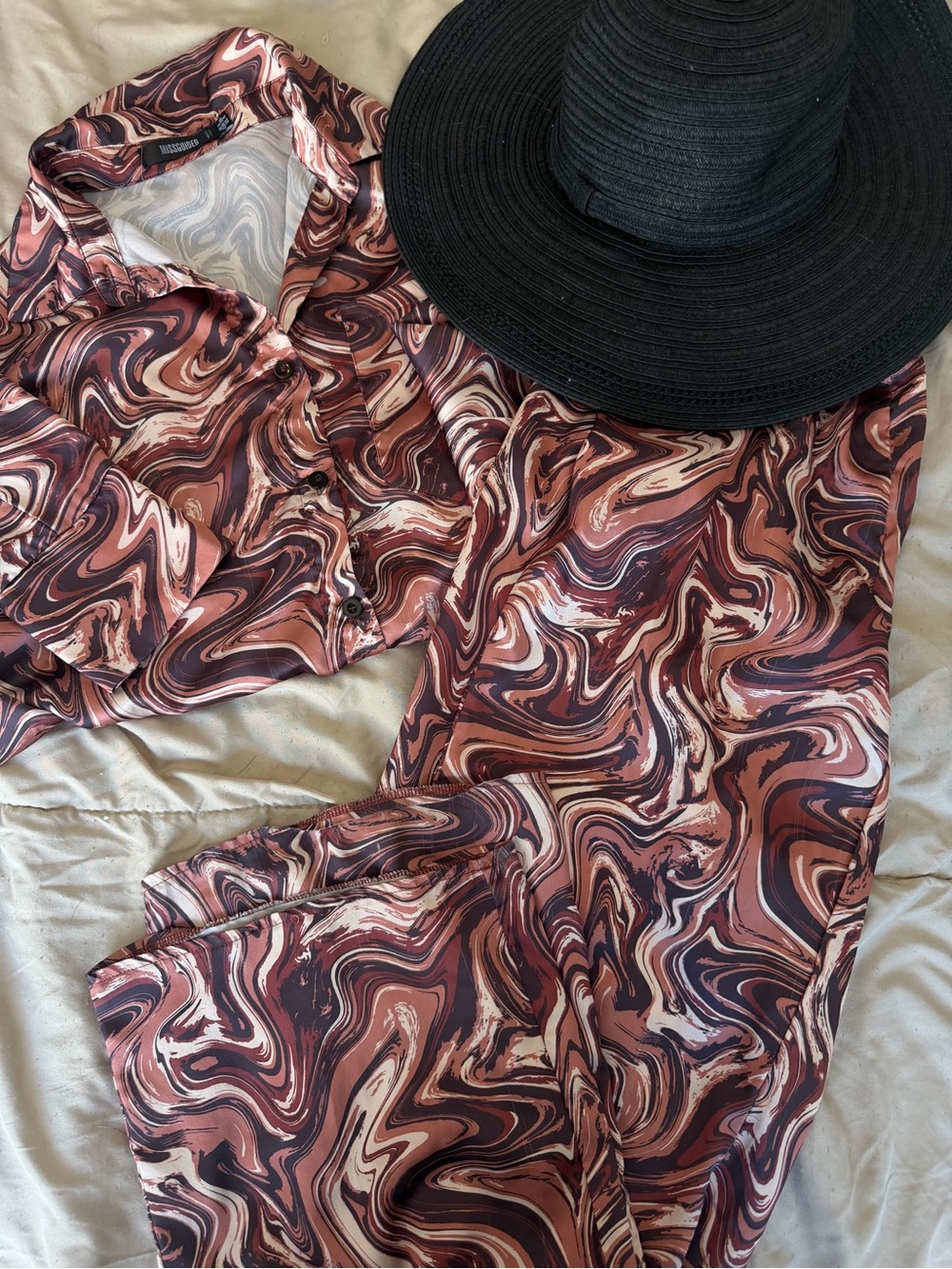 Marbled Swirl Satin Button-Up Set in Mauve and Ivory